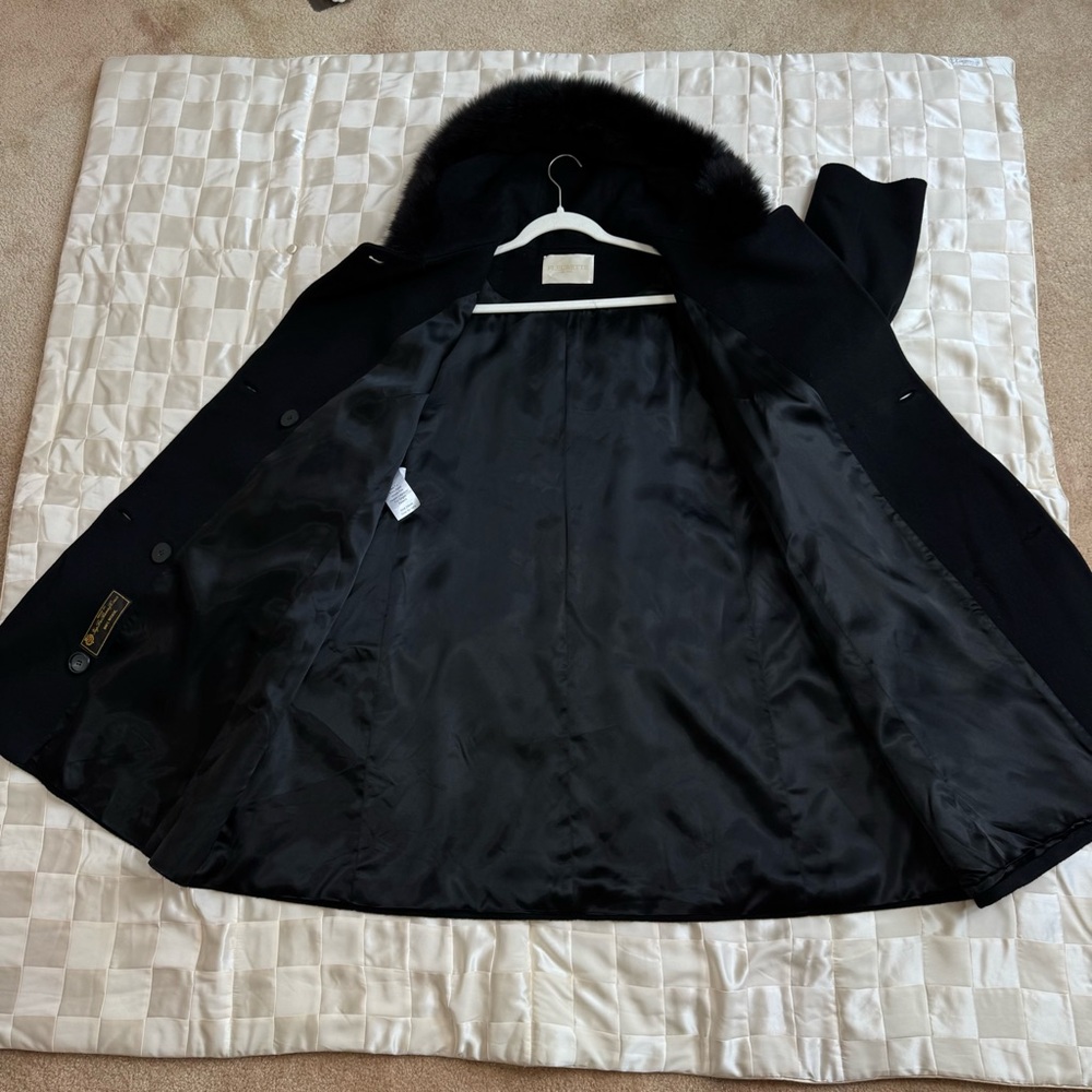 Loro Piana Fleurette Black Wool Double Breasted Coat Genuine Fox Fur Trim Sz 22 - Picture 14 of 17